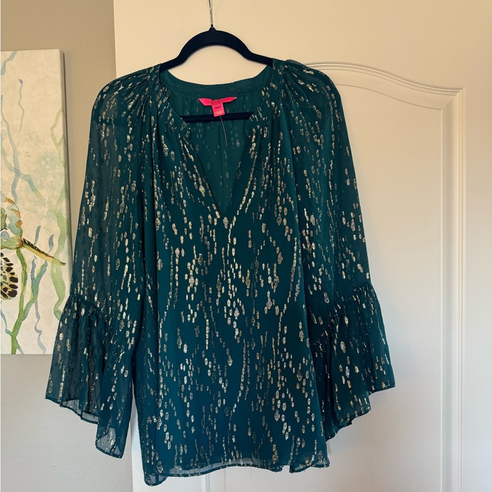 Lily Pulitzer Matilda Teal Silk Blouse EUC